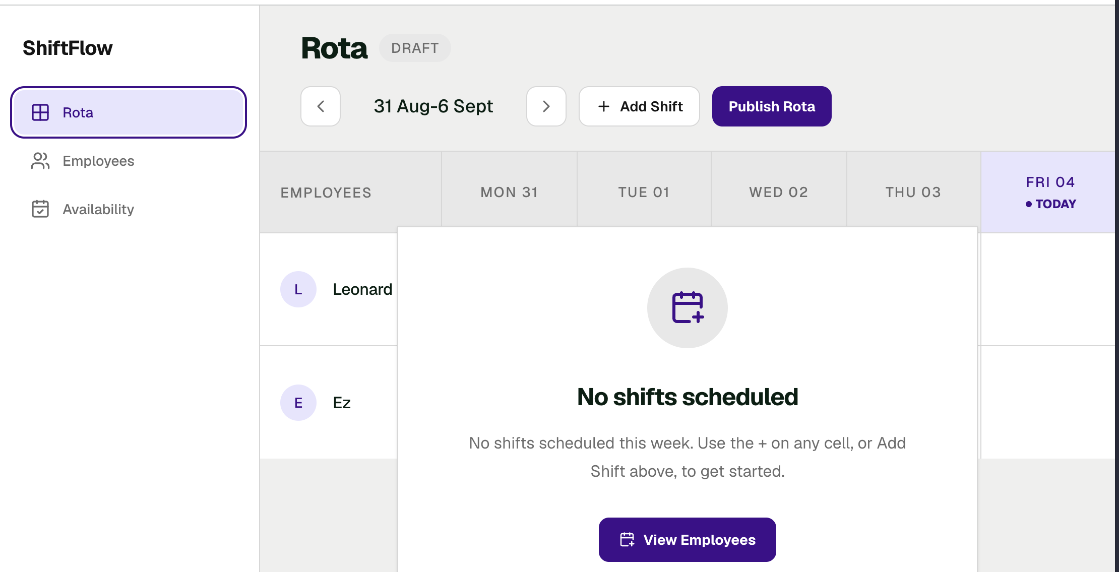 ShiftFlow — the Rota view, showing staff and shifts across a week